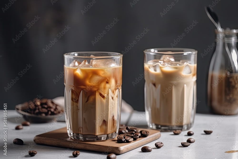 A light background with coffee and ice with milk in it. A white table with two transparent glasses o