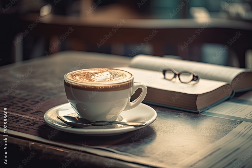 cup of cappuccino or latte a cup of coffee and a book in a coffee shop with a retro vintage filter. 