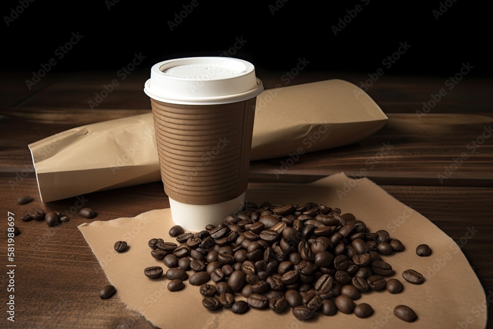 Coffee beans and a paper cup of latte are shown on a wooden table. Generative AI