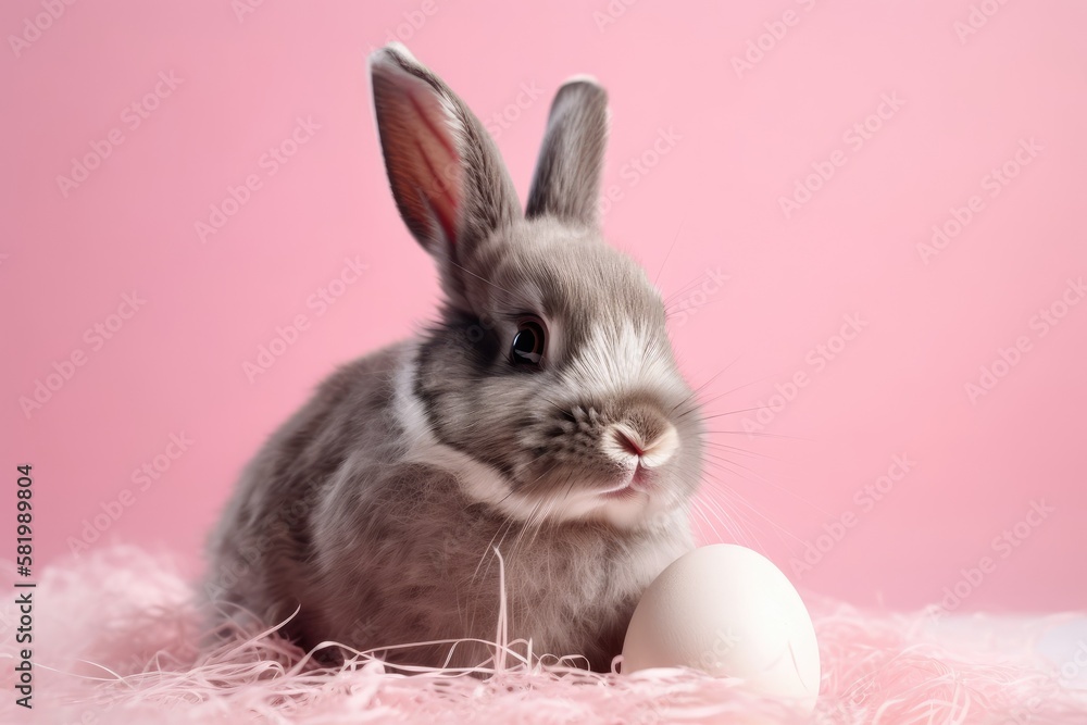 Easter bunny rabbit on a pink background holding a decorated egg. holiday concept for Easter. Genera