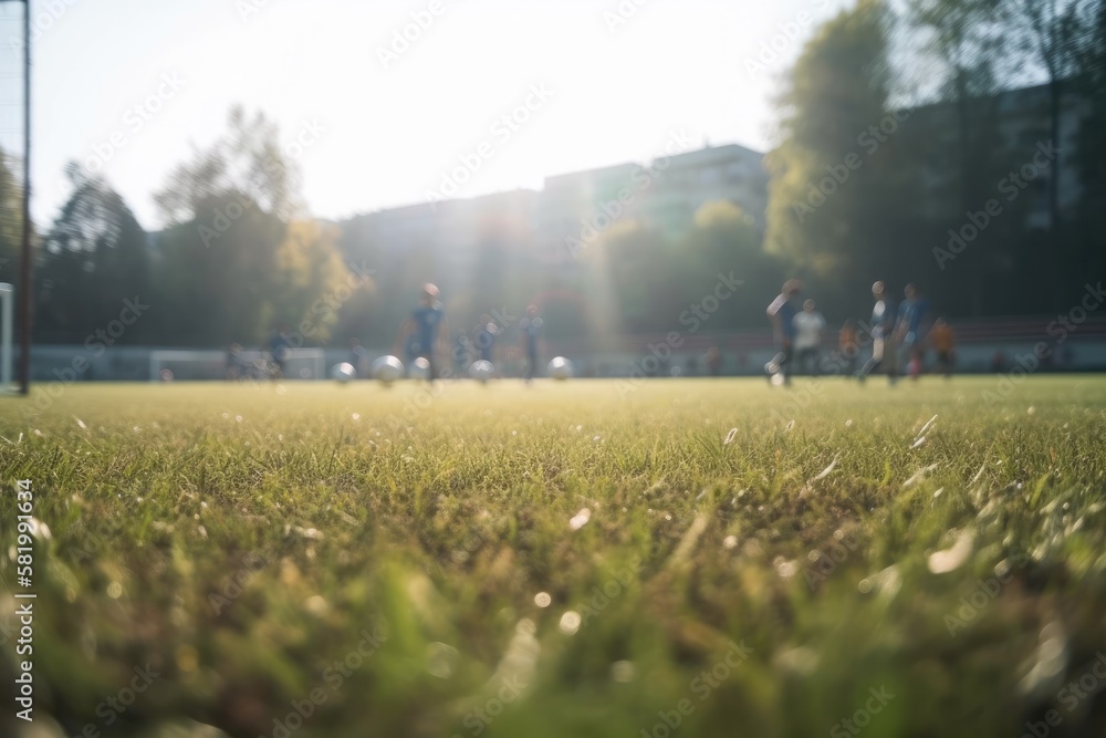 Blurred Soccer Field at School. Young Soccer Players Training on Pitch. Soccer Stadium Grass Backgro