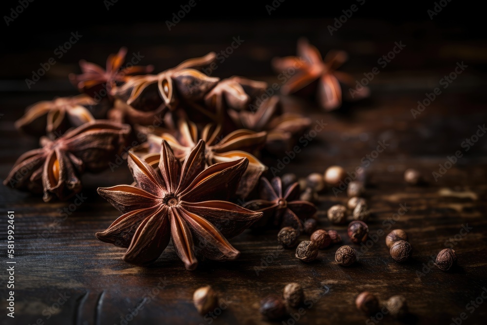 Anise stars closeup against dark rustic wooden background. Generative AI