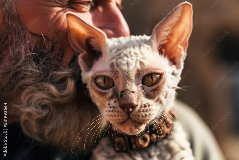 Close up of a bearded man hugging and loving his adorable purring Devon Rex cat. a cats muzzle and 