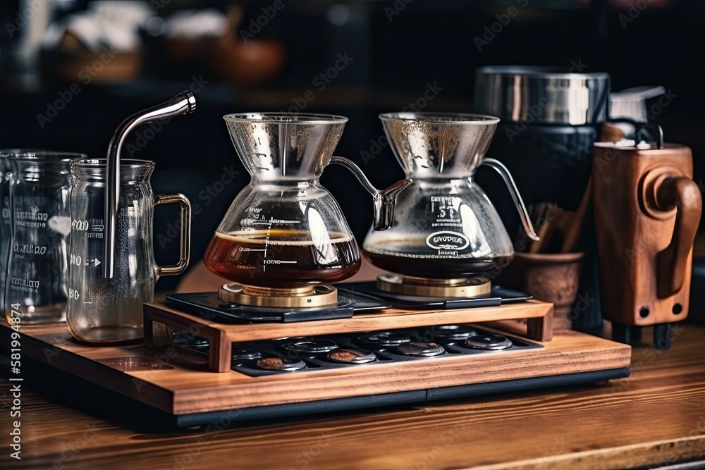 Close up of the equipment for brewing coffee on the wooden bar counter. Generative AI