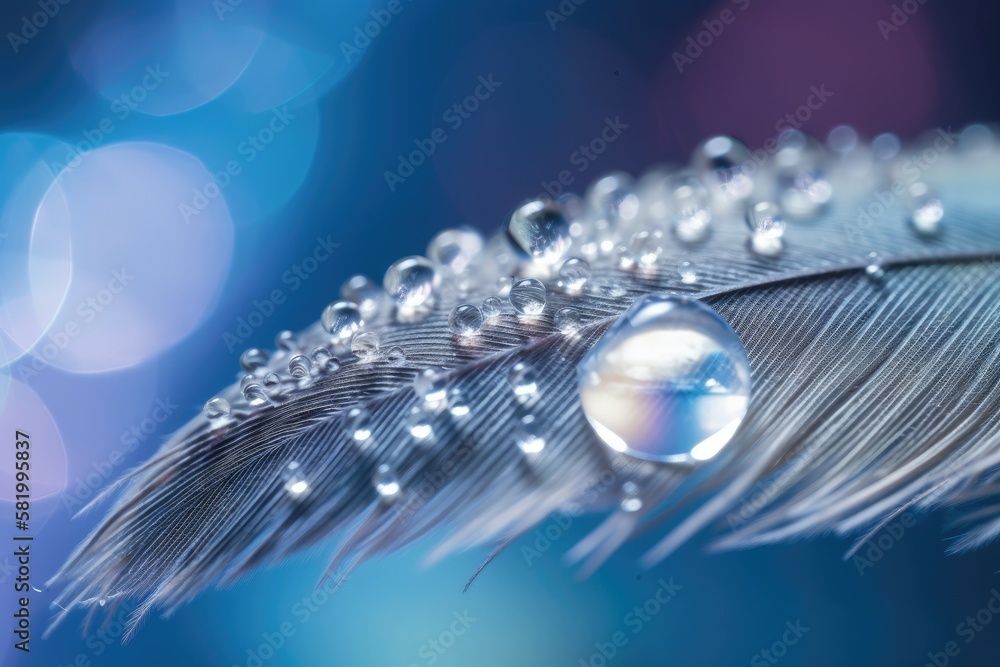 Close up macro of a dew drop on a fluffy feather with glittering bokeh and a hazy blue background. F