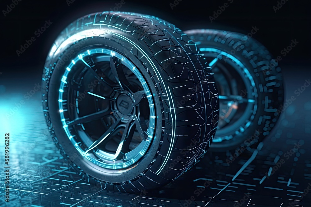 Concept for futuristic sports car tires with rim wireframe intersection ( illustration). Generative 