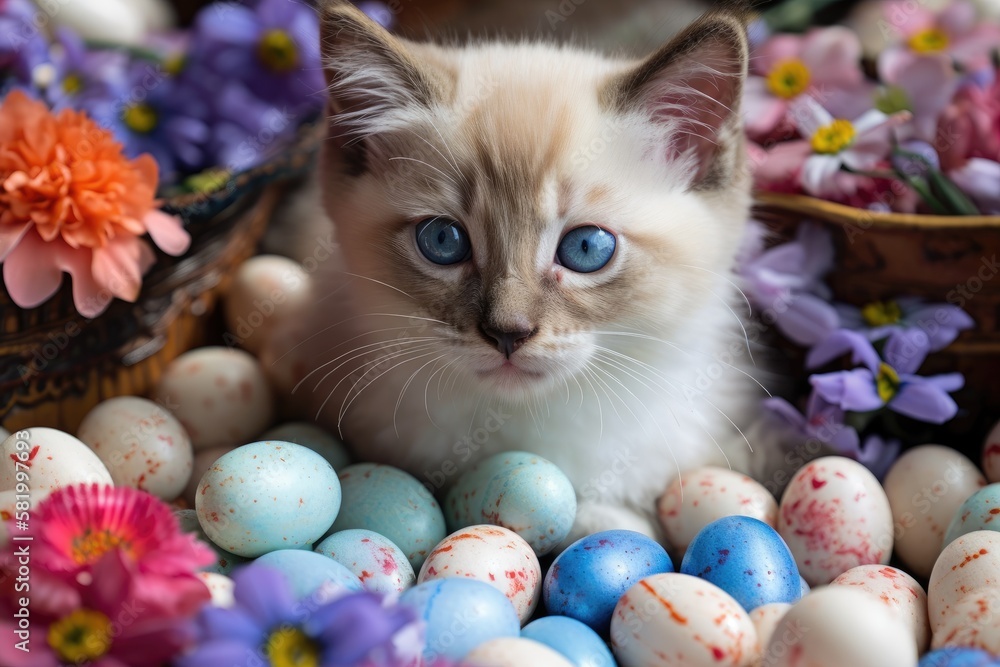 A blue eyed, striped kitten that is dozing off amongst flowers and Easter eggs of various colors. Ge