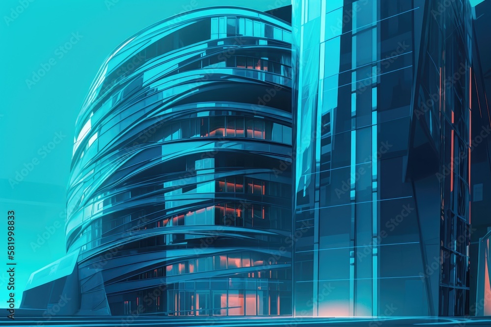 A futuristic illustration of an ultra modern, posh Blue Cyan building. Generative AI