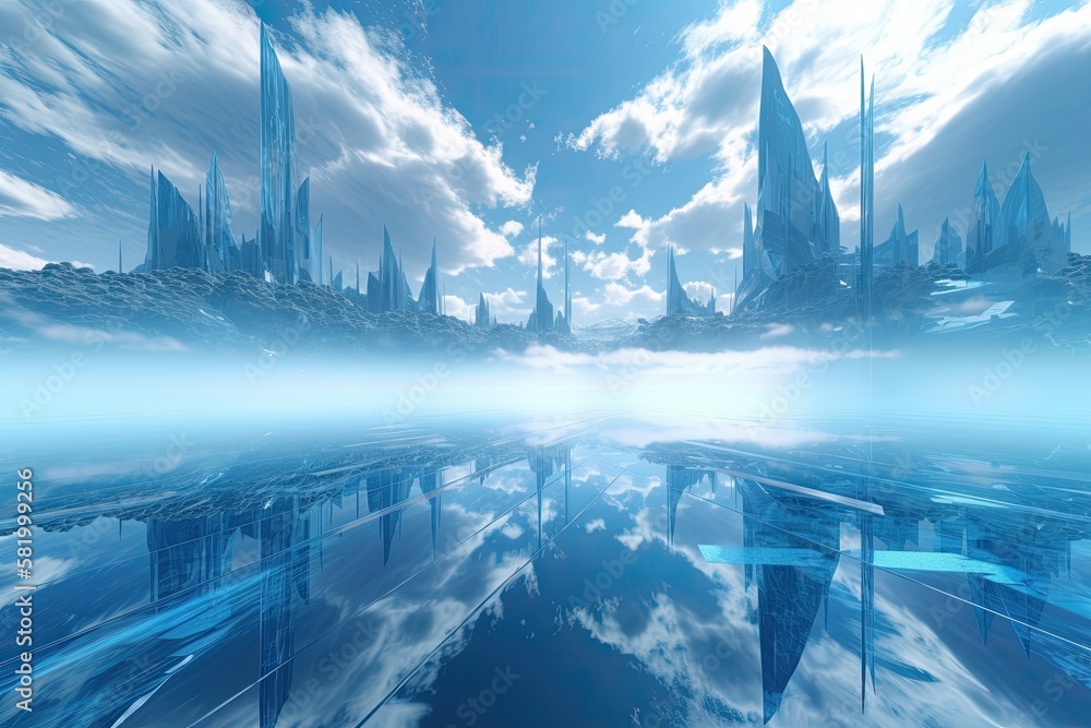 Abstract future background in sky blue tones with fractal horizon. Generative AI