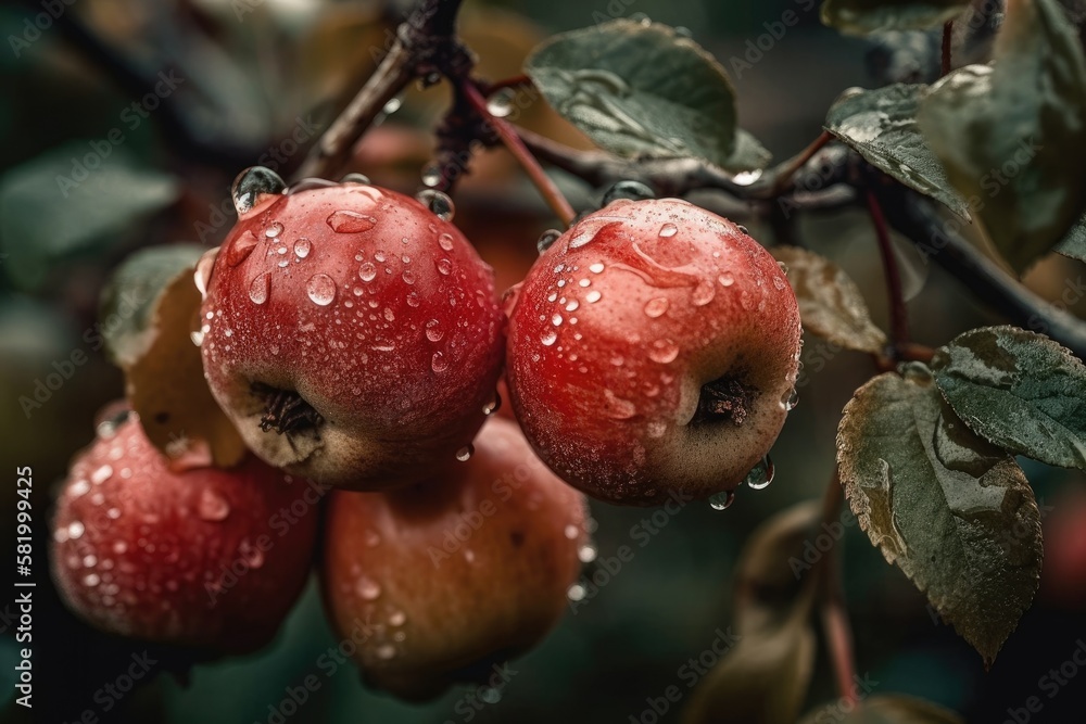 Apples with water drops on the branch and red berries. gloomy conditions, an autumnal countryside, m