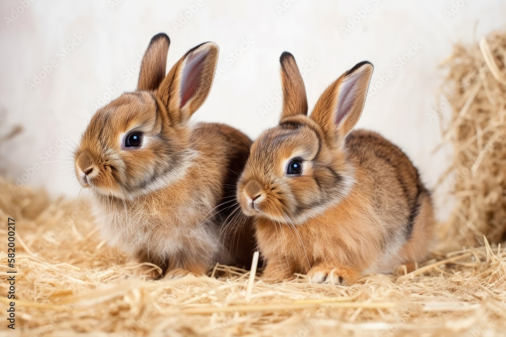 Against a white background, two adorable baby rabbits with fur are seated side by side on dry straw 