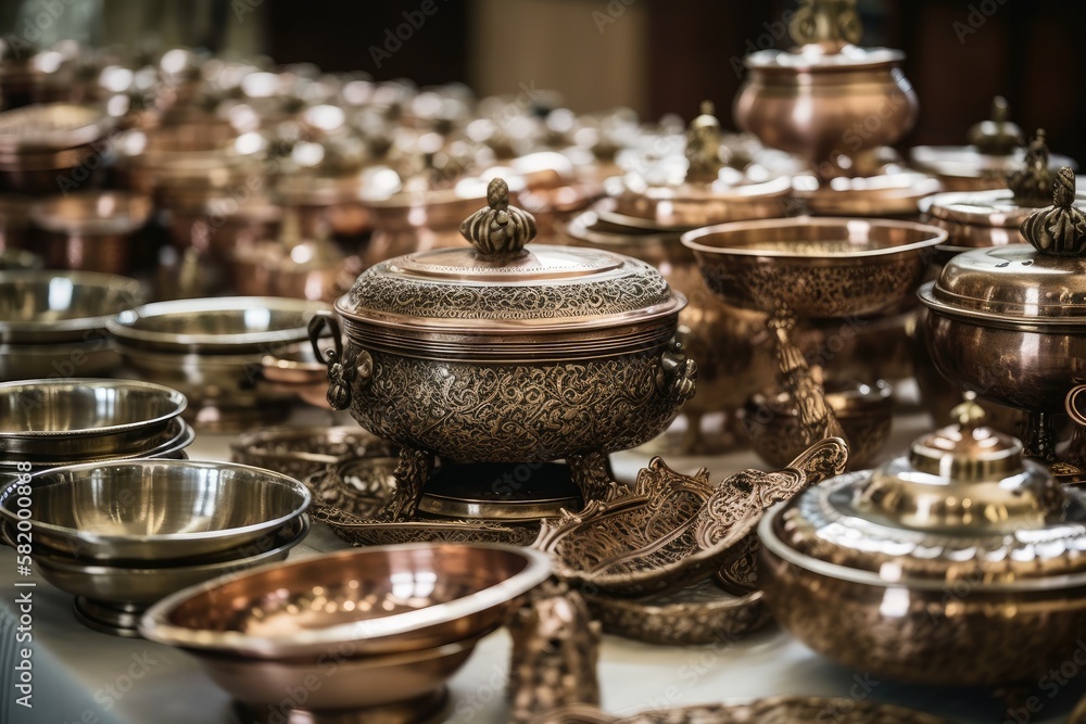 Close up of a wedding reception buffet with traditional Rajasthani food that was served in a copper 