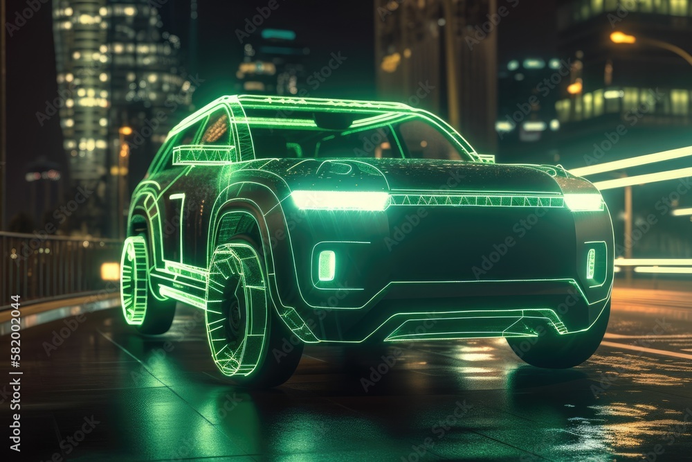 Concept of a wireframe car traveling down a road with a futuristic city in the background. SUV cars