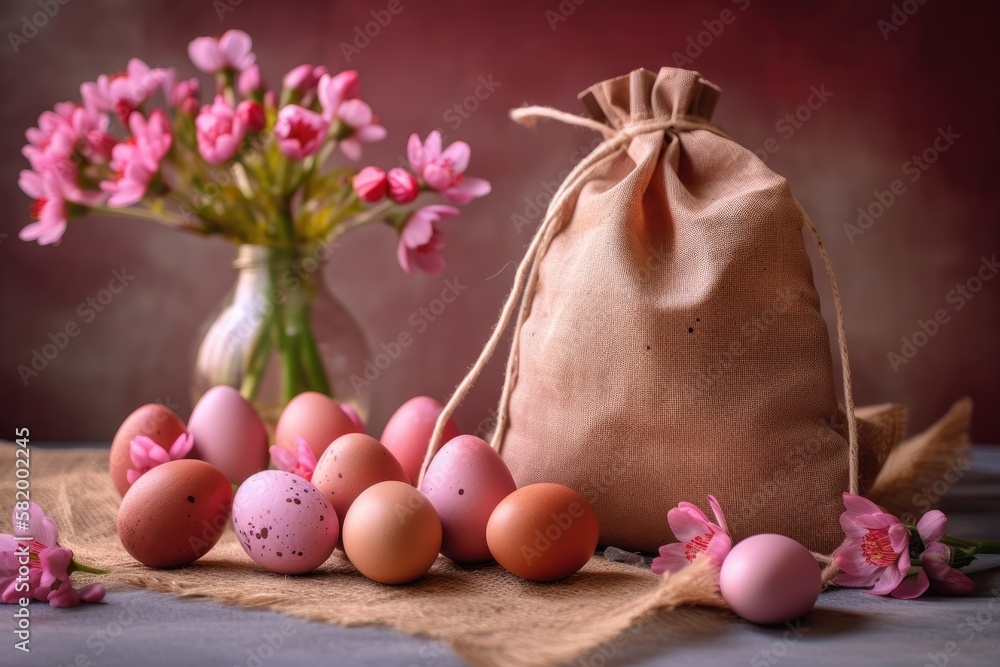 Easter eggs and spring flowers are displayed on a pink tile background in a string bag. Generative A