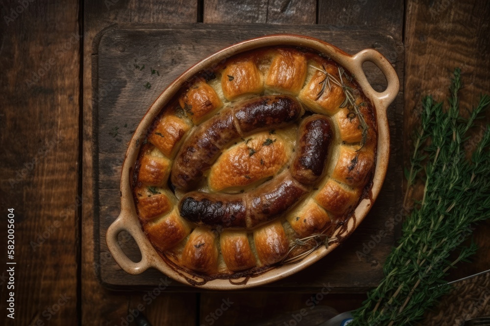 a toad in the lane Sausage Toad, an iconic English meal made with sausages and Yorkshire pudding bat