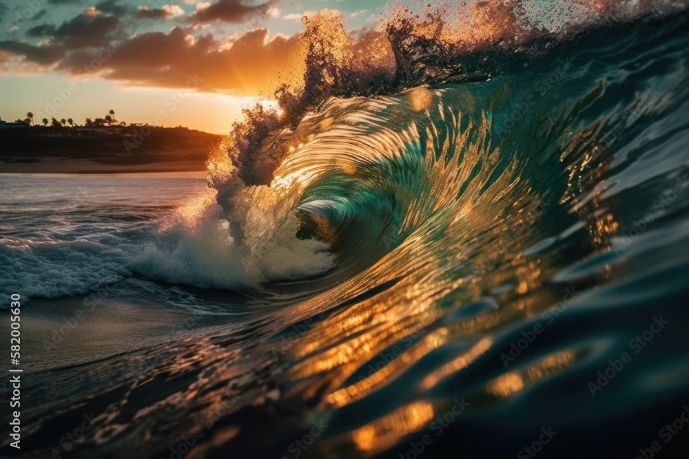 Bright Ocean Wave. sea water with a crest. Beautiful clouds and sunset light in the background. Gene