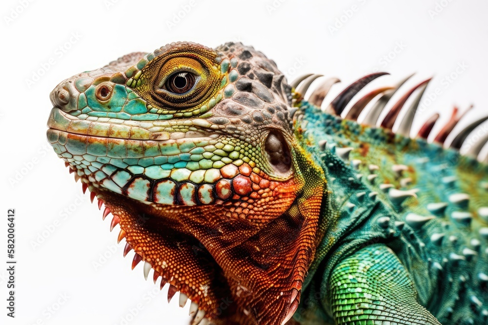 Detail of a colorful iguana on a white backdrop. Generative AI