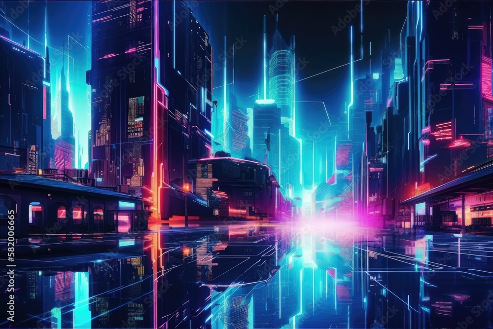 Concept of a neon city background. Generative AI