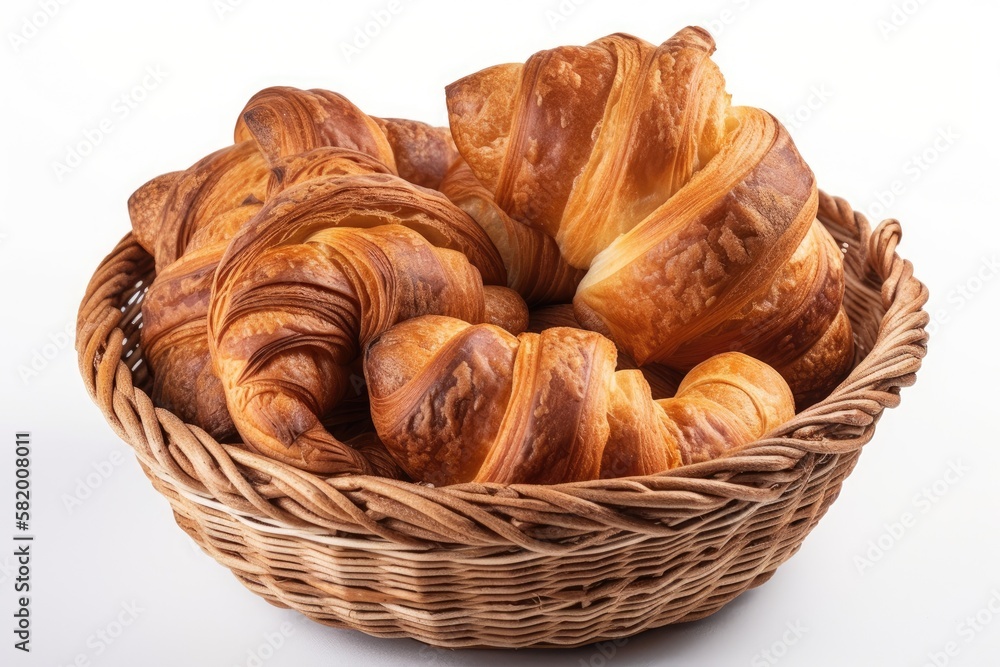 Delicious croissants in a wicker bowl, white background. Generative AI