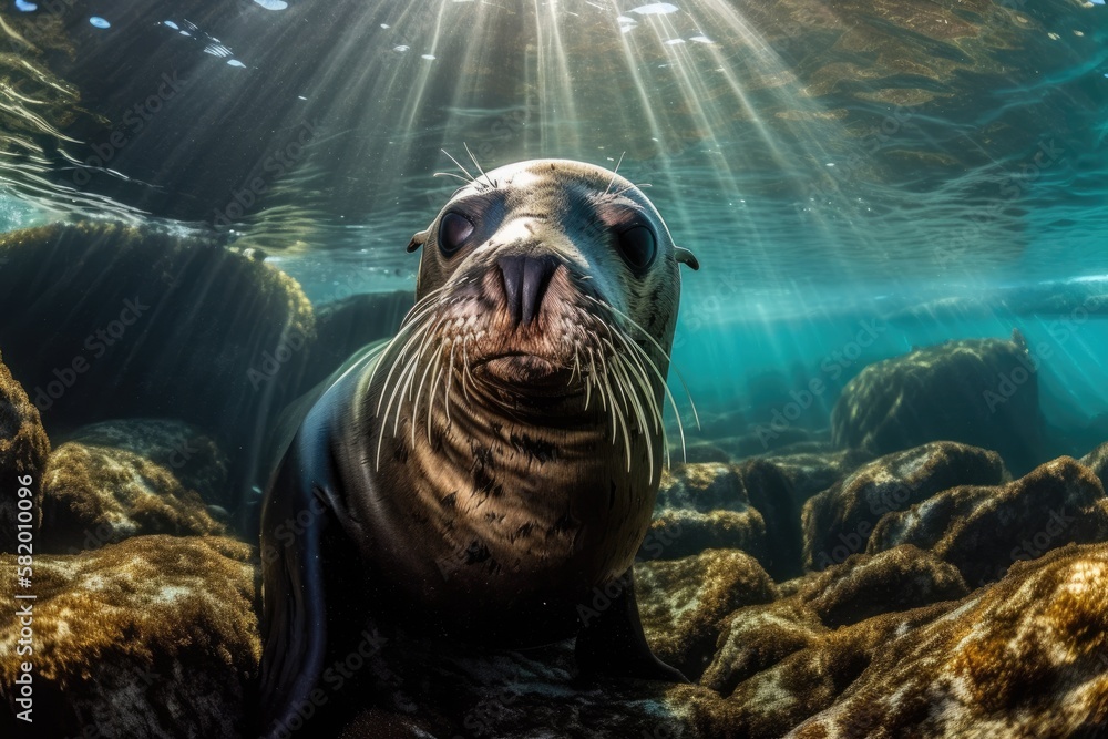 A stunning image of a California sea lion seal basking in the sun in Baja California. Generative AI