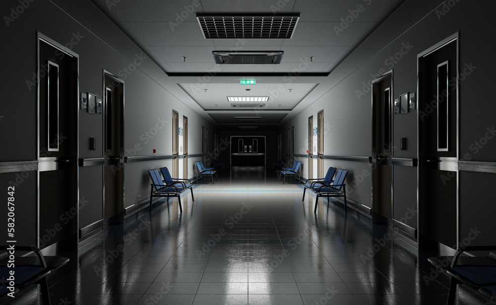 Long dark hospital corridor with rooms and seats 3D rendering. Empty accident and emergency interior