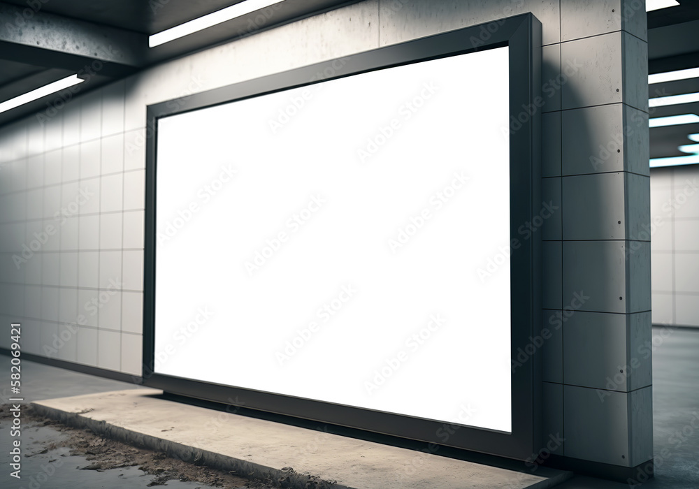 Horizontal billboard on underground wall Mockup. Hoarding advertising on train station. Generative A