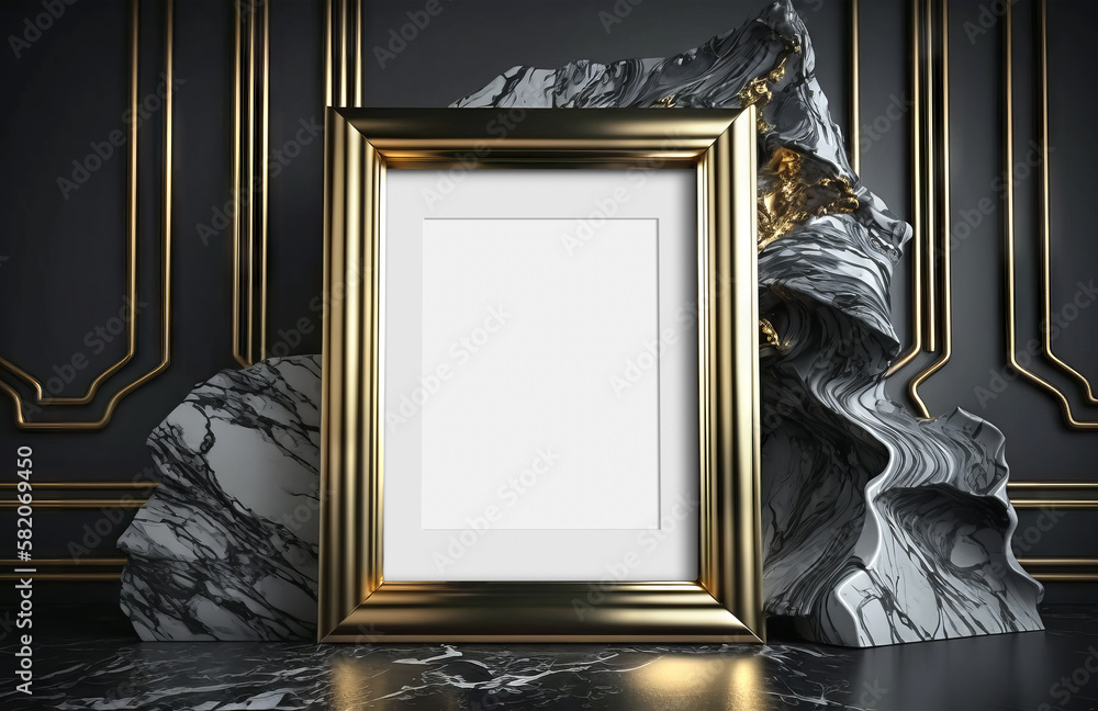 Gold frame in dark modern interior mockup. Generative Ai