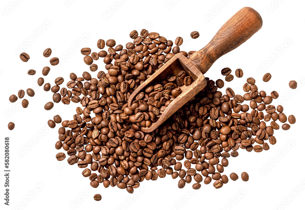 Scoop of coffee beans on white background. Coffee in scoop isolated. Top view of coffee.