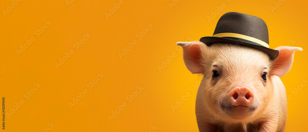 A cute pig wearing a hat, yellow background with copy space, generative ai