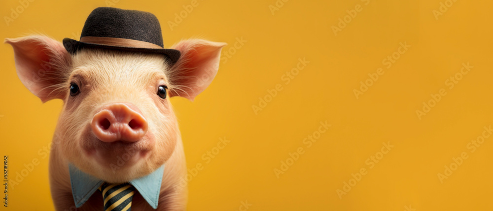 A cute pig wearing a hat and tie, yellow background with copy space, generative ai