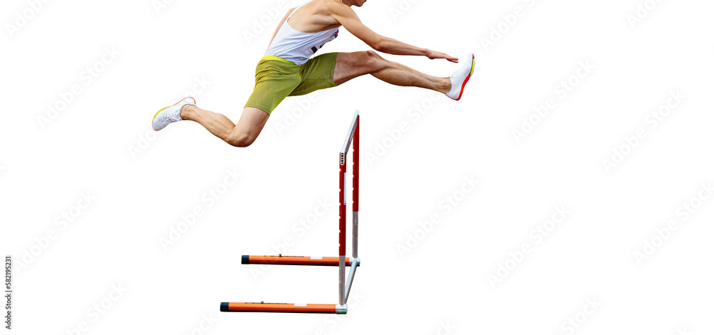 male athlete running 400 meters hurdles in athletics competition on transparent background, isolated