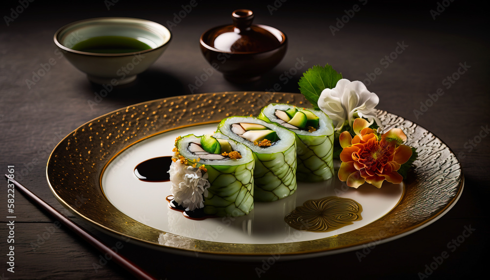 Sushi - Japanese Cuisine at Its Finest: Elegant Sushi Bar with an Array of Fresh Seafood - ai genera