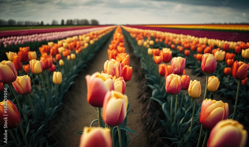  a field full of tulips with a sky in the background of the photo and a few clouds in the sky.  gene