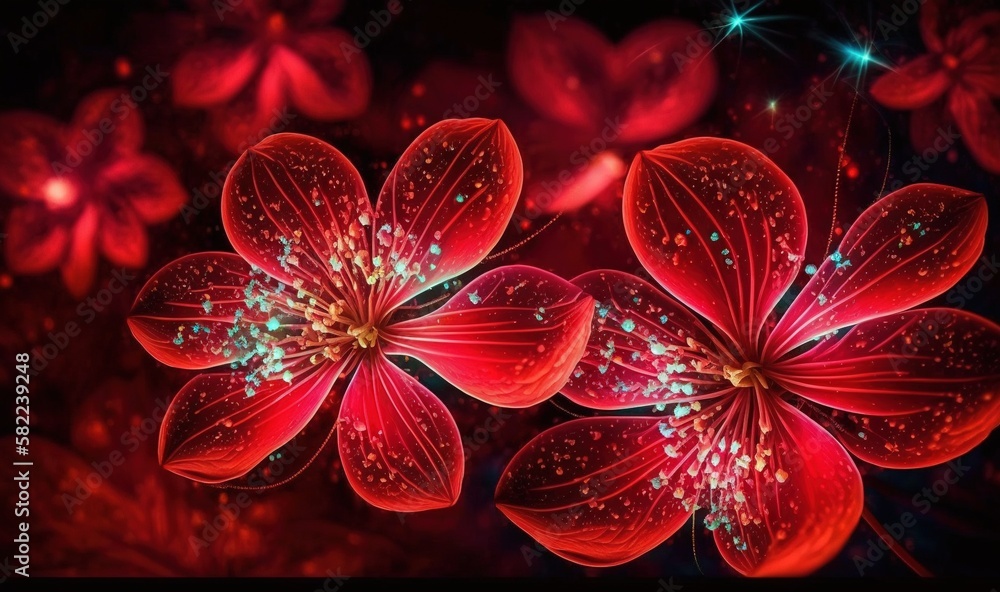  three red flowers with water droplets on them on a black background with stars and sparkles in the 