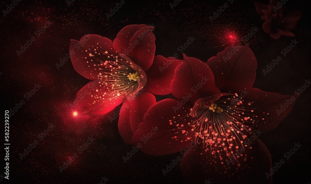  two red flowers with sparkles on a black background with a red light in the middle of the image and