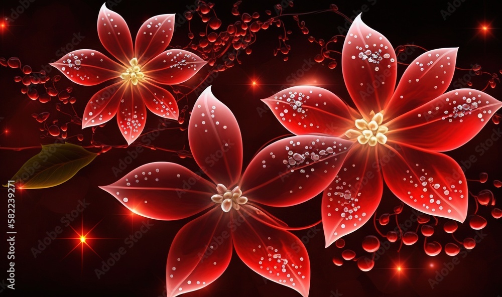  three red flowers with drops of water on a black background with a red background and a green leaf 