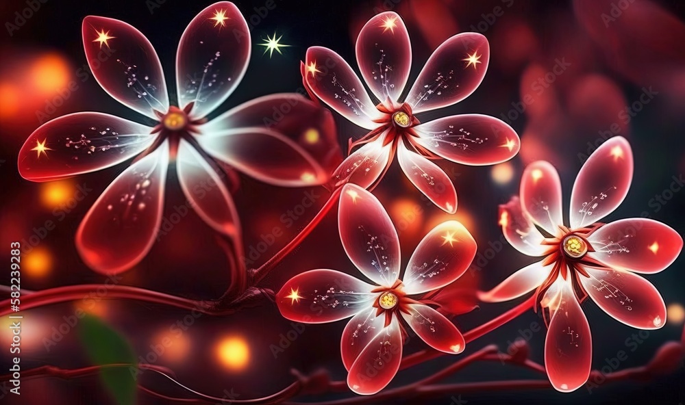  a painting of red flowers on a dark background with stars and a sparkle in the middle of the petals