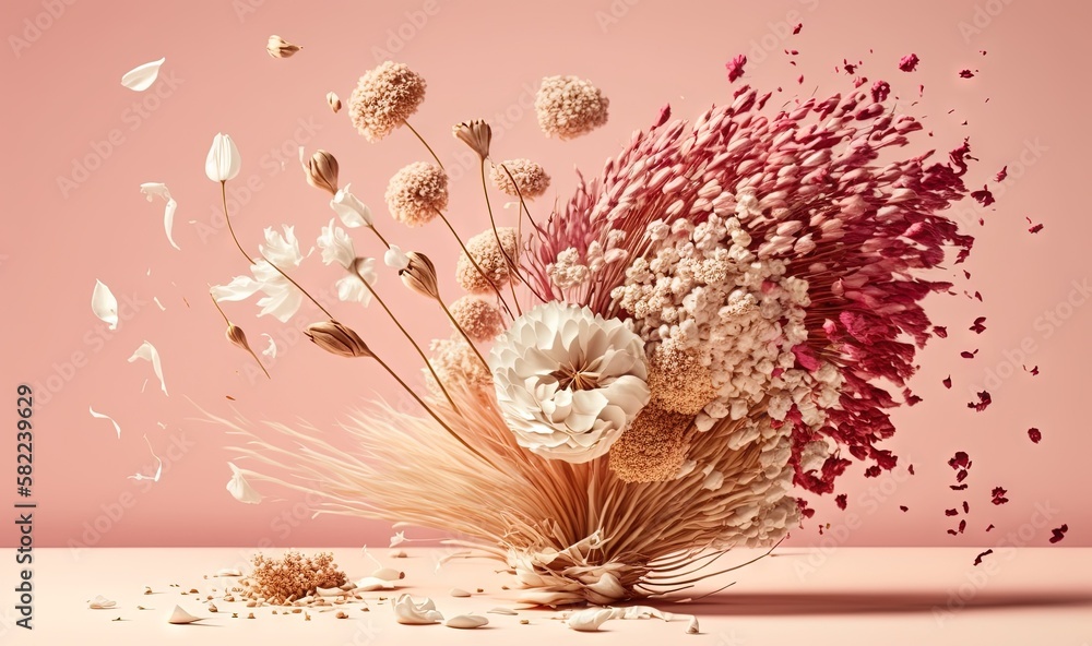  a vase filled with lots of flowers on top of a pink table top next to a pile of petals and a butter