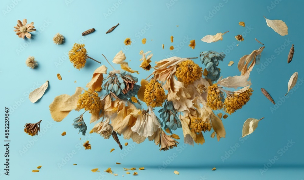  a bunch of dried flowers on a blue background with a few petals falling off of them to the side of 