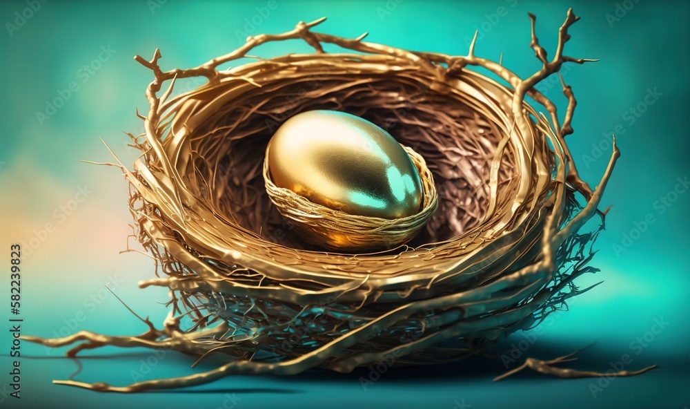  a golden egg sitting in a nest on top of a blue background with a twig on the bottom of the nest an