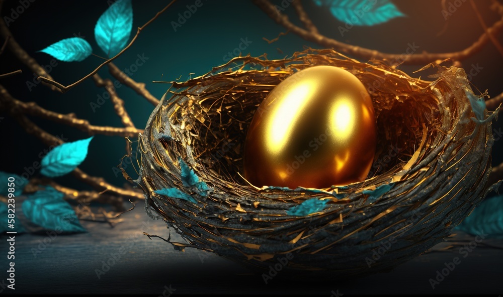  a golden egg sitting in a nest on top of a table next to a branch with leaves on it and a blue back