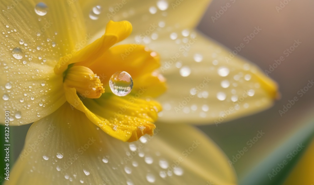  a close up of a yellow flower with water droplets on its petals and a green stem with leaves in th