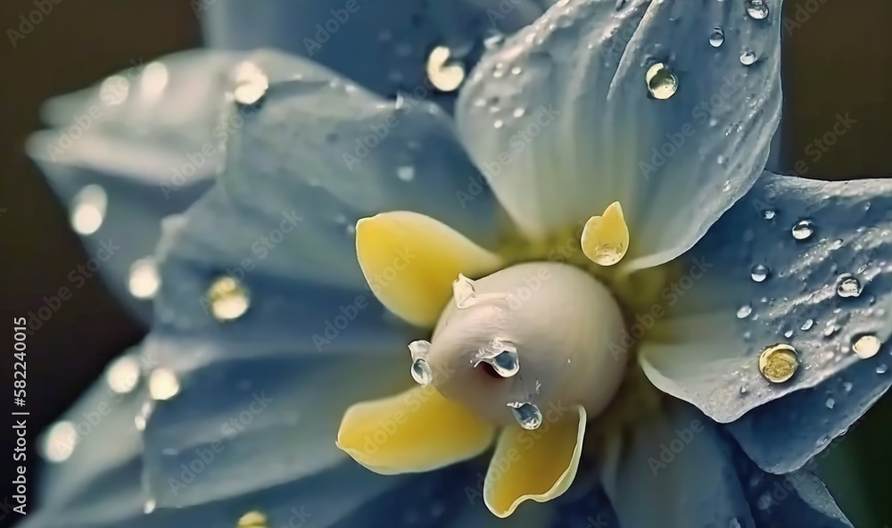  a close up of a blue flower with drops of water on its petals and the center of the flower with a 