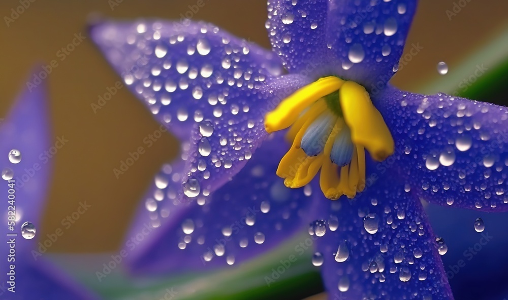  a close up of a purple flower with drops of water on the petals and a green stem in the foreground 