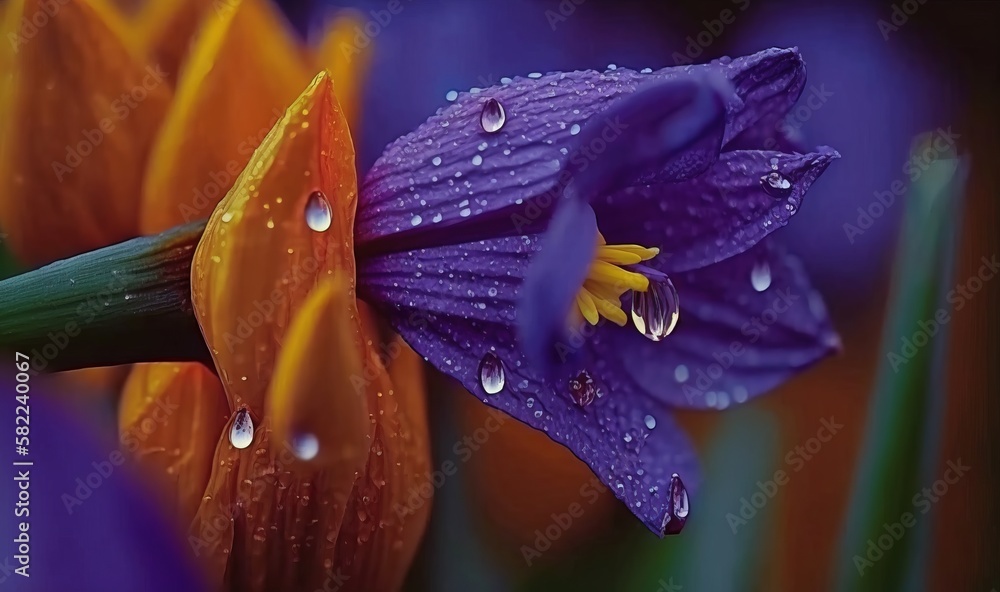  a close up of a purple flower with drops of water on its petals and a green stem with yellow stame