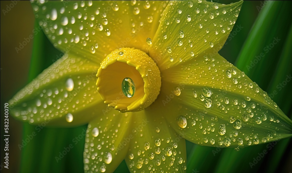  a close up of a yellow flower with drops of water on its petals and a green stem with a green stem