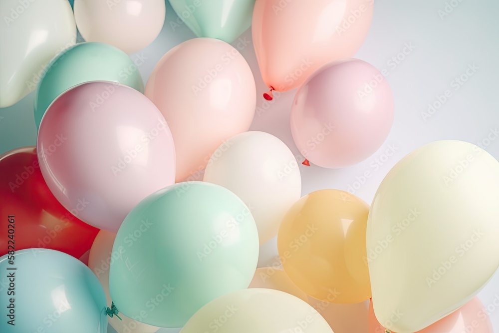 Birthday party background, Copy space, pastel balloons on a white background. Generative AI