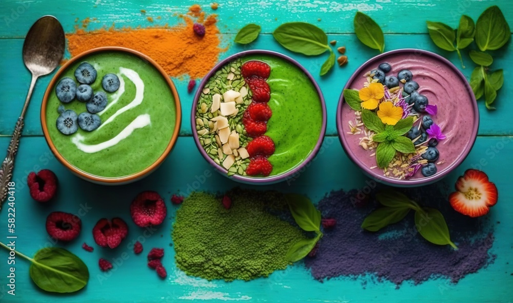  three bowls filled with different types of food on top of a blue table with spoons and spoons next 