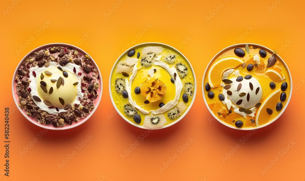  three bowls of food are arranged in a row on an orange background, with one bowl of fruit and the o