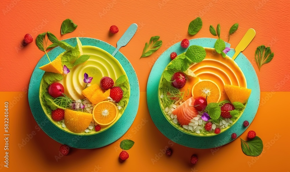  two bowls of food with fruits and vegetables on top of each bowl, with spoons and spoons on the sid